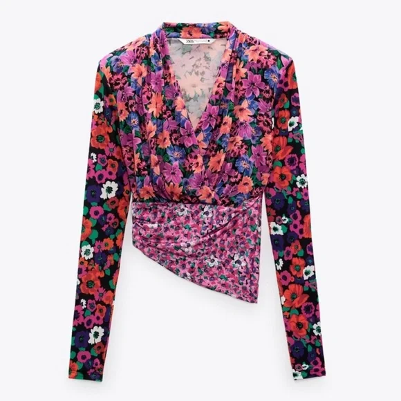 ZARA Floral Satin Long Sleeve Pink Purple Top Size Small - Picture 2 of 5